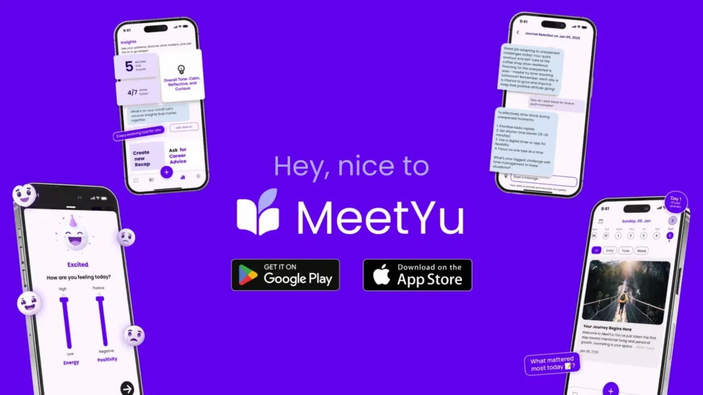 MeetYu Life Coach AI Journal social sharing banner with app screenshots on purple background