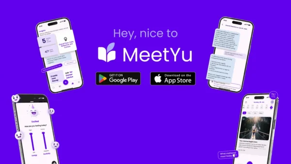 MeetYu Life Coach AI Journal banner with four app screenshots and app store download buttons