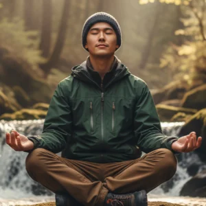 Chen, MeetYu community member, practicing mindfulness meditation by a forest waterfall