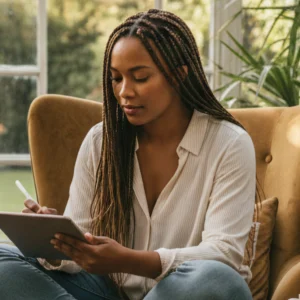 Hanna, MeetYu community member, journaling on a tablet with stylus in a bright living room