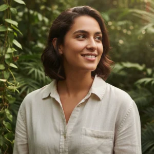 Sarah, MeetYu community member, smiling confidently in a lush tropical garden